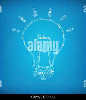 Vector light bulb created by many hand drawn business sketch and doodles design elements on blue background. Stock Photo