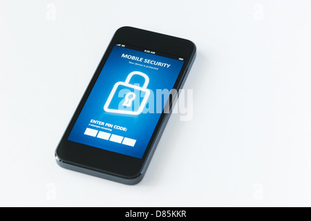 Modern smartphone with mobile security application interface on a screen. Isolated on white background Stock Photo