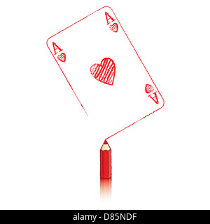 Red Pencil with Reflection Drawing various Ace of Hearts Playing Card Stock Photo