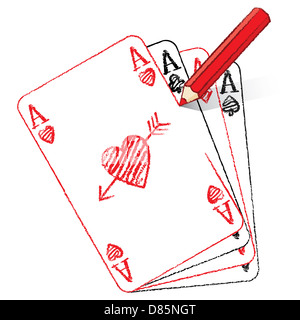 Red Pencil Drawing Various Ace of Hearts Playing Cards and fan of aces with cupid's arrow Stock Photo