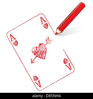 Red Pencil Drawing various Ace of Hearts Playing Cards with Cupid's Arrow Stock Photo