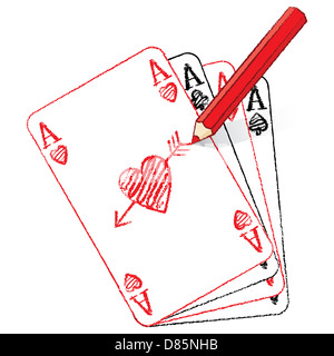 Red Pencil Drawing Various Ace of Hearts Playing Cards on a Fan of Aces with Cupid's Arrow Stock Photo