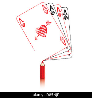 Red Pencil with Reflection Drawing various Ace of Hearts Playing Cards in a fan of aces with Cupid's Arrow Stock Photo