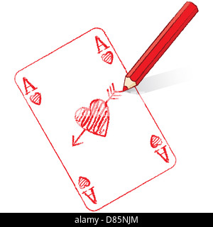 Red Pencil Drawing Various Ace of Hearts Playing Cards with Cupid'a Arrow Stock Photo