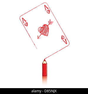 Red Pencil with Reflection Drawing various Ace of Hearts Playing Cards in a fan of aces with Cupid's Arrow Stock Photo