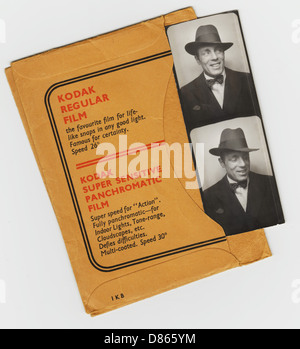 Kodak film wallet for photographs in the 1930s or 1940s with two photographs of middle aged man in a hat Stock Photo