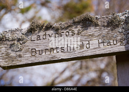 A signpost for Ladycross and Burnshield Haugh near Blanchland in Northumberland.