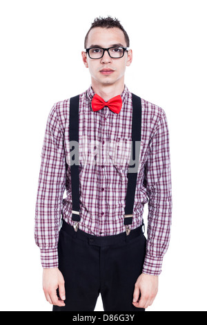 Nerd silly retro teacher man with braces and vintage radio and crazy ...