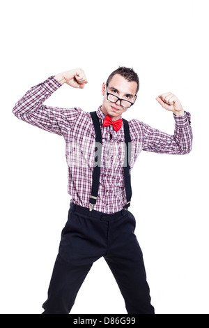 Self-confident nerd man showing his power, isolated on white background Stock Photo