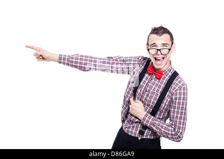 Funny excited nerd man pointing, isolated on white background Stock Photo