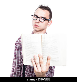 Serious male student holding book, isolated on white background Stock Photo