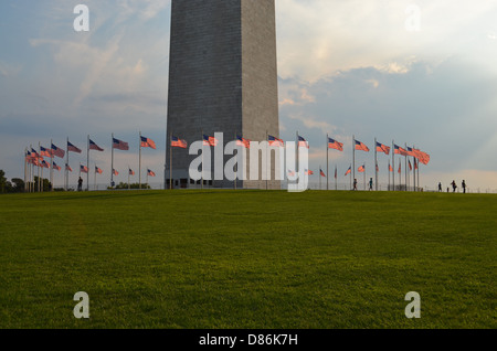 US Flags Fluttering at the Washington Monument Stock Photo