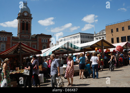 Chesterfield outdoor market stalls on a summers day in the towns market square, Derbyshire England UK, English market town centre Summer sunny day Stock Photo