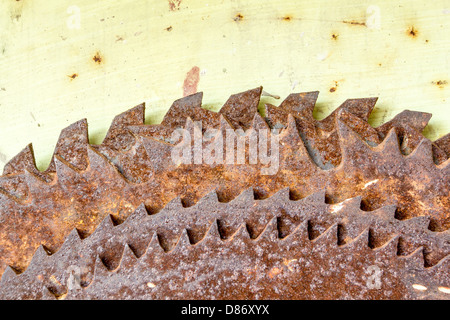 detail of old hanged rusted circular saw blades Stock Photo