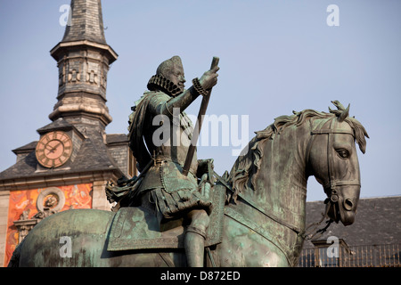 bronze statue of King Philip III at the center of the square Plaza Mayor, Madrid, Spain, Europe Stock Photo