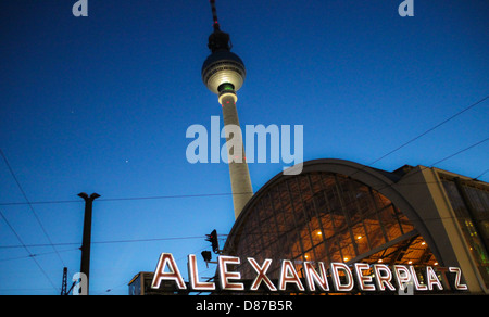 TV tower in Berlin "Berliner Fernsehturm" view from Alexanderplatz Square, overlooking the illuminated text Stock Photo