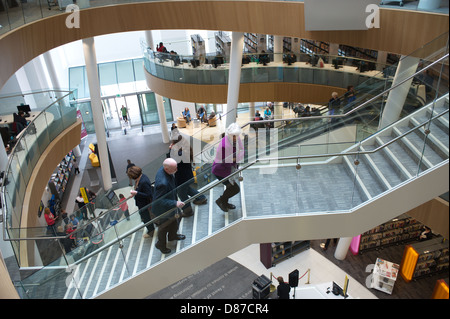 Four-storey central atrium with escalators, stairs and a domed ceiling The new Central Library opened in Liverpool city centre. Stock Photo