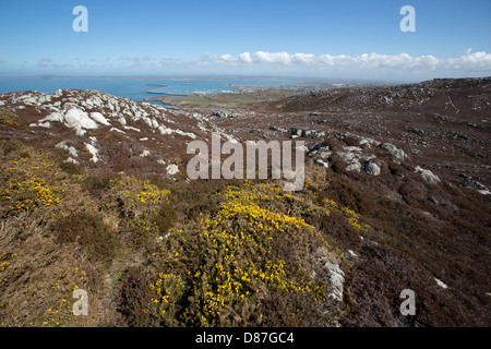 The Wales Coastal Path in North Wales. Picturesque aerial view from Holyhead Mountain with town of Holyhead in the background. Stock Photo