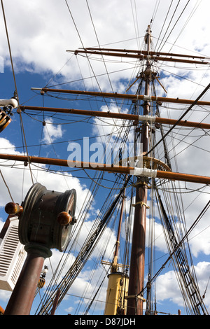 Engine room telegraph and masts. RSS Discovery polar exploration ship   Dundee Stock Photo