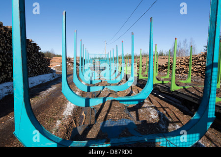 View of railroad depot for log transport and storage , log piles and long empty cargo log train cars for transporting timber and logs , Finland Stock Photo