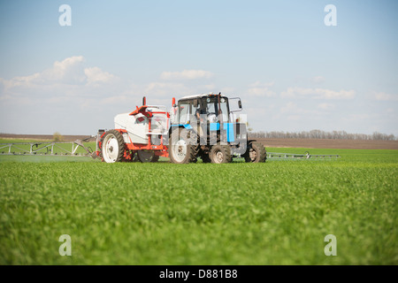 Tractor spraying a fresh green field on a farm Stock Photo