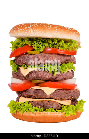 Four beef burgers in sesame buns isolated on white Stock Photo