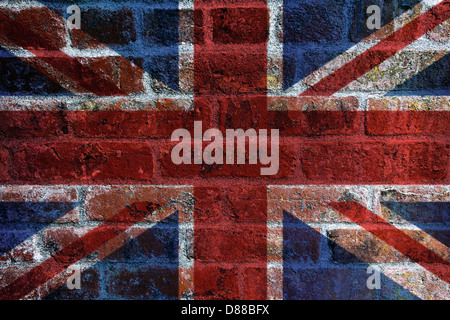 UK England Union Jack Flag on Textured Grunge Brick Wall Background Stock Photo