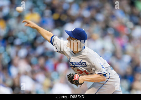 Milwaukee, Wisconsin, USA. 21st May 2013. Los Angeles starting pitcher Zack Greinke #21 delivers a pitch in the 1st inning of game. Brewers lead the Dodgers 1-0 in the 3rd inning at Miller Park in Milwaukee, WI. John Fisher/CSM/Alamy Live News Stock Photo