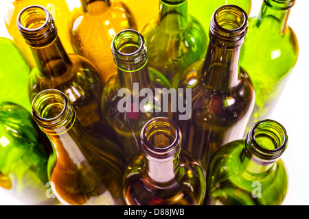Recycling - empty glass wine bottles, washed and ready for recycling. Stock Photo