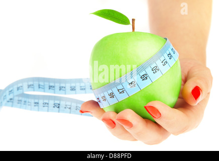 Female hand with a green apple on a white background