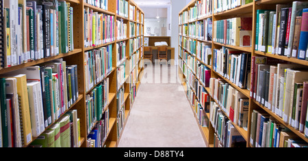 Rows of books on shelves waiting to be shared in the library Stock Photo