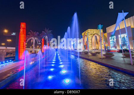 exterior night view of Dubai Mall, the world's largest, in Dubai United Arab Emirates Stock Photo