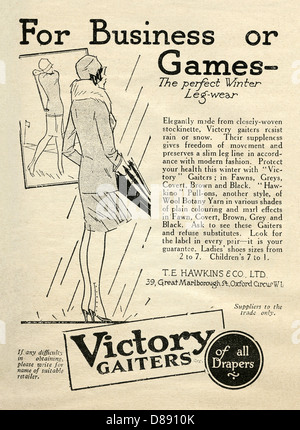 1928 advert for Victory gaiters or rain and snow-proof lower leg protectors - the illustration is of a lady wearing them Stock Photo