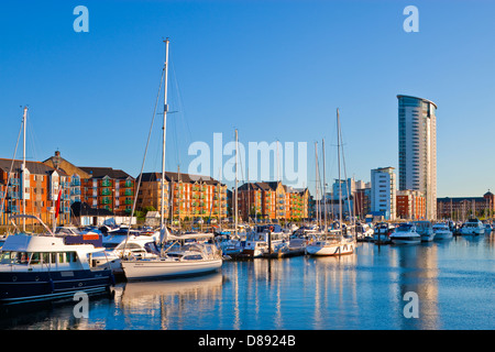 Swansea Maritime Quarter Swansea Marina Swansea Wales at twilight Stock Photo