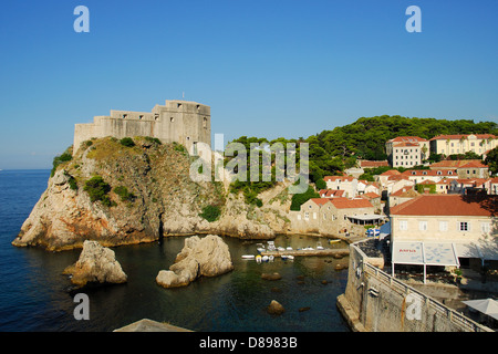 DUBROVNIK, CROATIA. A view of Lovrijenac fortress and the Pile area of the town, as seen from Dubrovnik's old town walls. 2010. Stock Photo