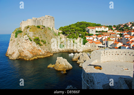 DUBROVNIK, CROATIA. A view of Lovrijenac fortress and the Pile area of the town, as seen from Dubrovnik's old town walls. 2010. Stock Photo