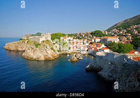 DUBROVNIK, CROATIA. A view of Lovrijenac fortress and the Pile area of the town, as seen from Dubrovnik's old town walls. 2010. Stock Photo