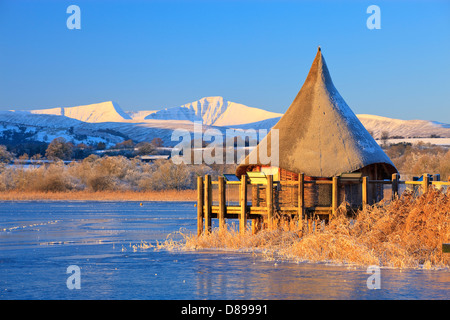 Llangorse Lake Brecon Beacons Powys Wales in winter with Pen y Fan & Corn Du mountains Stock Photo