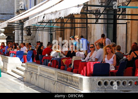 DUBROVNIK, CROATIA. A busy cafe terrace in the old walled town. Stock Photo