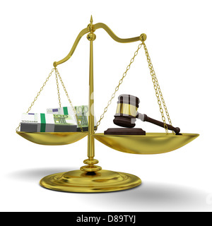 Concept of profits versus justice, with golden scale isolated on white background Stock Photo