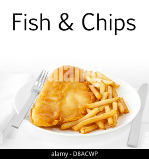 Fish and Chips on a white background. Fish deep fried in crisp batter with a serving of freshly cooked chips or french fries. Stock Photo
