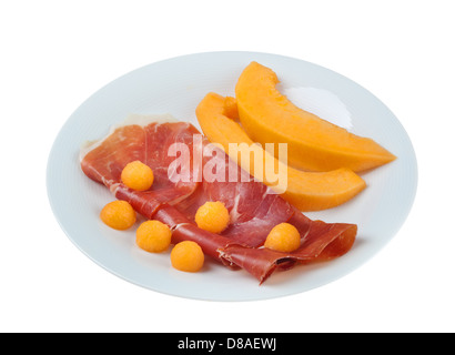 Raw prosciutto with melon on white Stock Photo - Alamy
