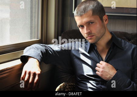 Male actor head shot showing action movie character Stock Photo