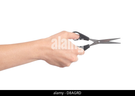 Woman hand using a small scissors isolated on a white background Stock Photo