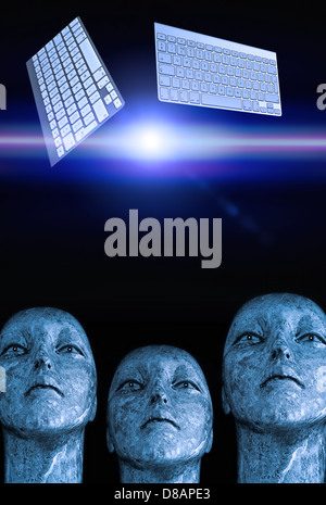 aliens looking into future with keyboards floating in space Stock Photo