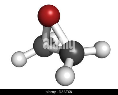 Ethylene oxide (oxirane), molecular model. Ethylene is the simplest epoxide and is used as a disinfectant and polymer precursor. Stock Photo