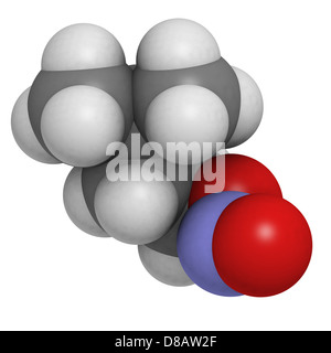 Isoamyl nitrite (alkyl nitrite, popper), molecular model. Atoms are represented as spheres with conventional color coding. Stock Photo