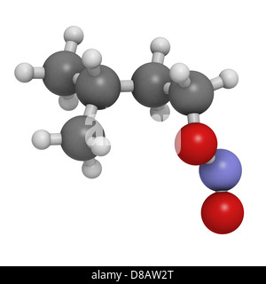 Isoamyl nitrite (alkyl nitrite, popper), molecular model. Atoms are represented as spheres with conventional color coding. Stock Photo