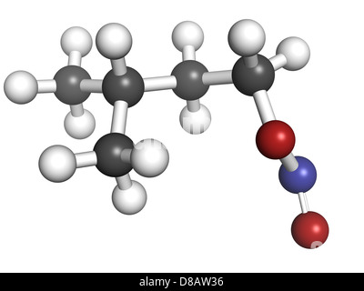 Isoamyl nitrite (alkyl nitrite, popper), molecular model. Atoms are represented as spheres with conventional color coding. Stock Photo