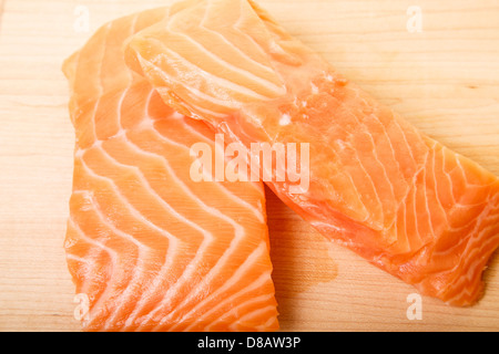 Two fresh, raw Atlantic salmon fillets Stock Photo